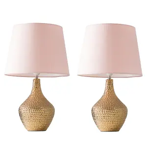 ValueLights Bailey Pair of Modern Metallic Gold Indent Textured Ceramic Table Lamps with Pink Shades