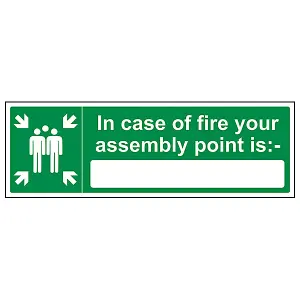 In Case Of Fire Assembly Point Sign - Adhesive Vinyl - 300x100mm (x3)