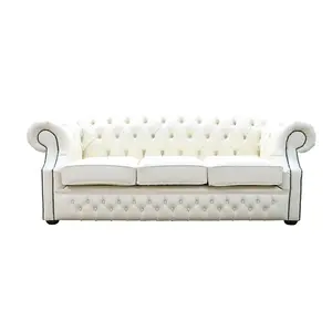 Chesterfield 3 Seater Sofa Shelly Cottonseed Cream Leather In Buckingham Style