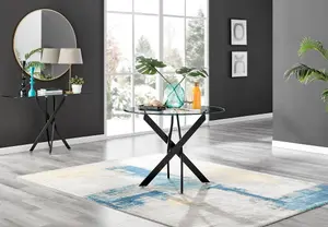 Furniturebox UK Novara Black Leg Round Glass Dining Table & 4 Grey Velvet Milan Gold Leg Chairs