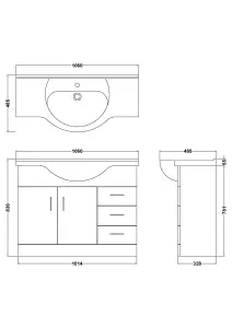 2 Door 3 Drawer Vanity Basin Unit with Round Basin - 1050mm - Gloss White