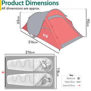 2 Man Pop Up Tent Lightweight Portable Camping Festival Shelter Single Skin Trail - Red