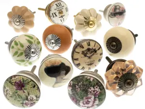 MangoTreeKnobs - Door Knobs Hand Painted Ceramic with Clocks, Butterfly, Flowers and Brass Fretwork Set of 12