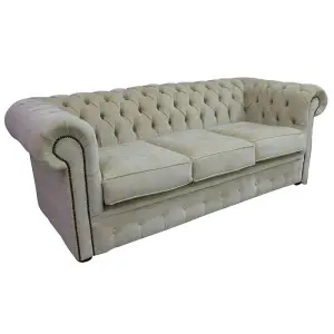 Chesterfield Handmade 3 Seater Sofa Settee Velluto Chiffon Beige Fabric In Classic Style