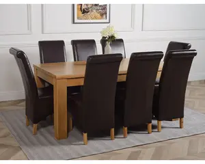 Dakota 182 x 92 cm Chunky Oak Large Dining Table and 8 Chairs Dining Set with Montana Brown Leather Chairs