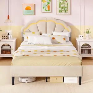 COSTWAY Double Size Upholstered LED Bed Frame Kids Platform Bed w/ Adjustable Headboard