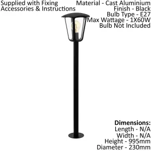 IP44 Outdoor Bollard Light Black Aluminium Lantern 1 x 60W E27 Bulb Lamp Post