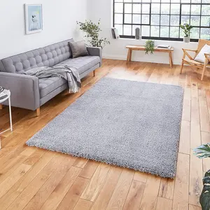 Grey Plain Shaggy Modern Plain Easy to Clean Soft Rug For Dining Room -80cm X 150cm