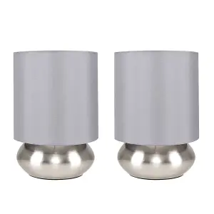 ValueLights Pair of - Chrome Touch Table Lamps with Grey Shades - Complete with 5w LED Dimmable Candle Bulbs 3000K Warm White