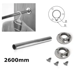 Wardrobe Round Rail Chrome Hanging Rail Free End Supports & Screws - Length 2600mm