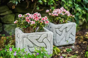 Celtic  Birdbath and a Pair of Planters