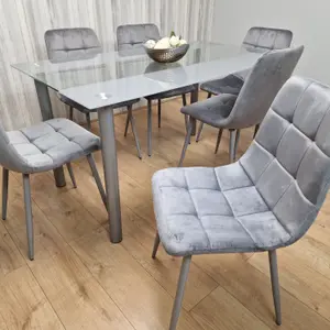 Grey Clear Glass Dining Table With 6 Grey Tufted Velvet Chairs Dining Set