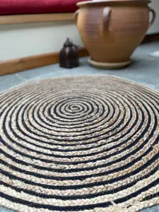 CHAKKAR DARK Stripe Round Jute Beige Black Rug / 150 cm Diameter