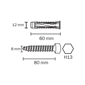 Diall Universal Grey Multi-purpose screw & wall plug (Dia)12mm (L)60mm, Pack of 2