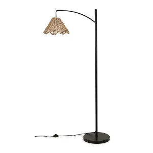 ValueLights Preto Black Metal Curve Stem Floor Lamp with a Rattan Wicker Scalloped Edge Shade