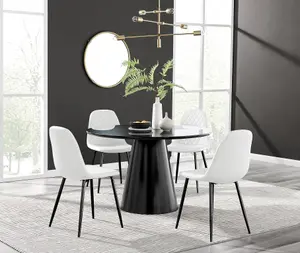 Furniturebox UK Palma Black Semi Gloss Round Pedestal Dining Table & 4 White Faux Leather Corona Black Leg Chairs