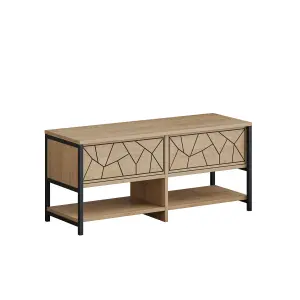 Decortie Modern Inola Shoe Bench Oak Natural Engineered Wood Geometric Laser-Cut Shape 2-Door Cupboard 105(W)cm Metal Legs Hallway