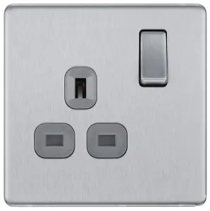 GoodHome Brushed Steel Single 13A Socket & Grey inserts