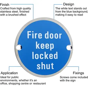 AFIT Fire Door Keep Locked Shut Circular Disc Fire Door Sign - 76mm x 1.5mm - Screw Fixed