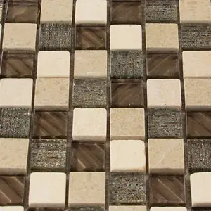 Luxury Textured Brown Iridescent Glass & Ivory Stone Mosaic Wall Tiles Sheet 8mm