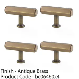 4 PACK - Industrial Hex T Bar Cabinet Door Knob - 55mm x 38mm - Antique Brass Pull Handle