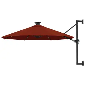 Berkfield Wall-mounted Parasol with LEDs and Metal Pole 300 cm Terracotta