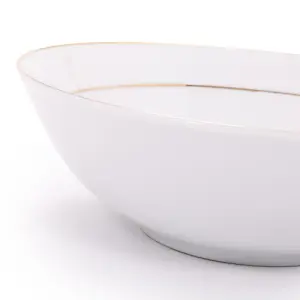 Set of 4 Durable White Ceramic Dinner Bowls with Dual Shiny Gold Plated Rims