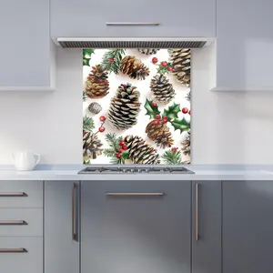 Holiday Pine Cones and Berries Premium Glass Kitchen Splashback W600mm x H650mm