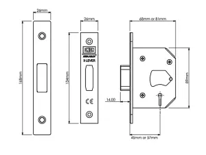 UNION StrongBOLT 2103S 3 Lever Mortice Deadlock Polished Brass 68mm 2.5in Visi