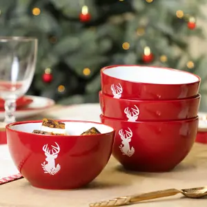 Set of 4 Red Stag Christmas Dinnerware Stoneware Bowls