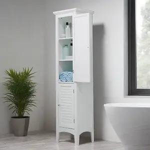 Teamson Home Bathroom Tall Column Cabinet, Wooden Cabinet with 2 Shutter Doors, Bathroom Storage, White