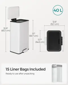 SONGMICS Rubbish Bin, Kitchen Bin, Trash Can with Large Step and Lid, Steel, Soft Closing Feature, Comes with 15 Liner Bags, White