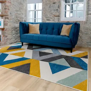 Navy Blue Ochre Diamond Geometric Living Area Rug 160x230cm