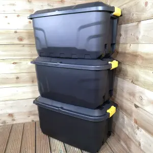 3 x 75L Heavy Duty Trunks on Wheels Sturdy, Lockable, Stackable and Nestable Design Storage Chest with Clips in Black