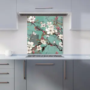 Pink Blossom Asian Design Premium Glass Kitchen Splashback W600mm x H750mm