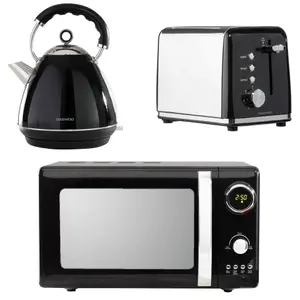 Daewoo Black 3PCs Kensington Collection Matching Pyramid Kettle Microwave & Toaster Set 2-Slice 3000W Rapid Boil