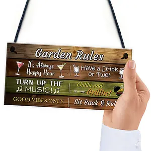 Red Ocean Garden Rules Hanging Wall Sign - Garden Bar Signs For Home Bar - Novelty Garden Decor Shed Plaques