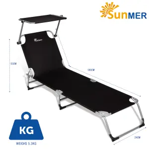 SUNMER Sun Beds Loungers Recliners with Adjustable Canopy - Black - Set of 2