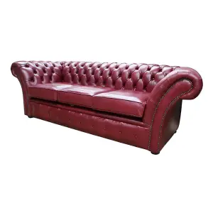 Chesterfield 3 Seater Old English Burgandy Leather Sofa Settee In Balmoral Style