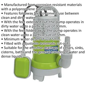 Submersible Clean & Dirty Water Pump - 217L/Min - Automatic Cut Out - 230V