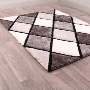 Optical 3D Grey Modern Shaggy Geometric Sparkle Rug For Dining Room Bedroom & Living Room-60cm X 110cm