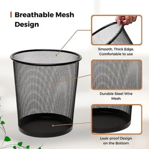 MantraRaj Round Mesh Bins Trash Can Bin Black Nonslip Waste Paper Bin 10 liters Pack Of 2 Metal Bin Indoor Waste Bin