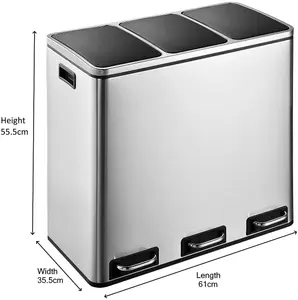 EVRE  54L Stainless Steel Recycling Pedal Bin With Removable Multi Compartments And Soft Close Lid