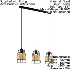 Hanging Ceiling Pendant Light Black & Wicker 3x 40W E27 Hallway Feature Lamp