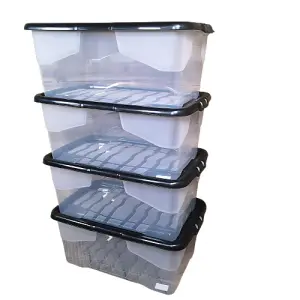 4 x 42L Clear Storage Box with Black Lid, Stackable and Nestable Design Storage Solution