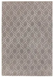 Grey Silver Wool Handmade Modern Luxurious Chequered Geometric Rug For Living Room and Bedroom-120cm X 170cm