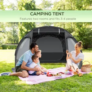 Outsunny 3-4 Persons Tunnel Tent, Two Room Camping Tent w/ Windows, Black