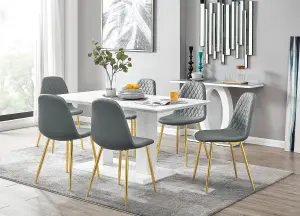 Imperia White High Gloss 6 Seater Dining Table with Structural 2 Plinth Column Legs 6 Grey Faux Leather Gold Leg Corona Chairs