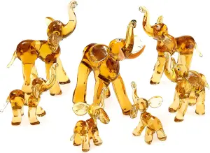 Set Of 7 Elephant Family Figurines with Trunk Facing Upwards - Elephants Figurine Handmade From Amber Color Glass