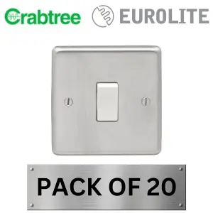 Light Switch 1 Gang 10A 2 Way - Round Edge Satin Stainless Steel Plate with White Rocker (20 Pack) Crabtree Insert